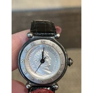 Carolee's Women's Silver Tone Coin Automatic Wristwatch With Black Band 13 Works